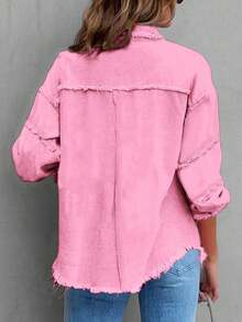 Chaqueta vaquera de botones lavada con agua para mujeres, chaqueta vaquera con bolsillo volcado, manga larga suelta y relajada, chaqueta retro, chaqueta de moda de otoño - Rosa - Ver 3
