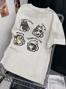全新夏季女式独特设计字母和小猫图案印花圆领休闲百搭短袖 T 恤