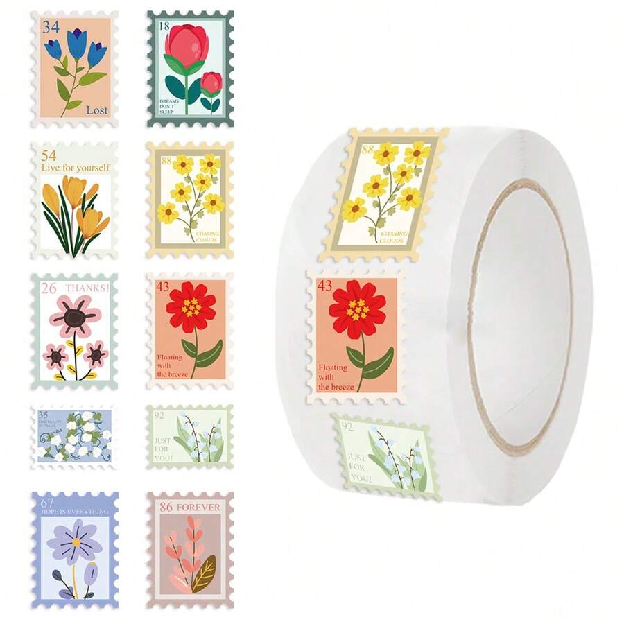 500PCS Flower Stamp Stickers Roll 10 Style Flower Aesthetic Stickers Waterproof Vinyl Stickers (500PCS Per Roll) - Multicolor - View 1
