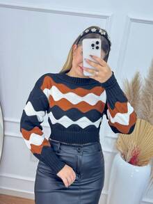 Women's Cropped Knit Cold Weather Blouse Long Sleeve Pom Pom Knit Cold Weather Blouse - Đất nung đen trắng - Xem 3