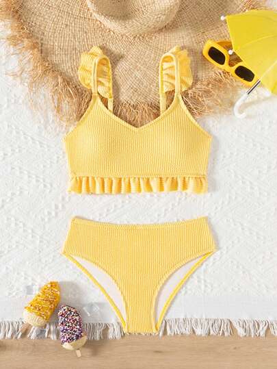 Bộ bikini màu trơn viền bèo nhún dành cho bé gái tuổi teen, thích hợp cho kỳ nghỉ hè ở bãi biển.