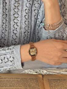 1 nuevo reloj de cuarzo dorado de estilo clásico francés retro, de alta gama, elegante y pequeño, con una pulsera de acero inoxidable sólido de alta calidad y hebilla de mariposa, de estilo artístico de moda y sencillo, de diseño de nicho elegante y encantador, apto para uso diario y como regalo de cumpleaños