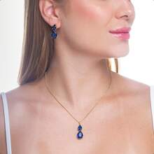Earring And Necklace Set With Double Drop Pendant Royal Blue Stone Gold Plated - Royal Blue - View 2