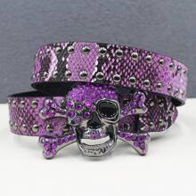 BIG Skull Rhinestone Belt Western Cowboy Style Men Belt Punk Rivet Jeans Belts NEW Metal Rivet Cowboy Belt Snake Pattern Summer, School Autumn-Winter Accessories,Suitable For Teens, Youth,Men,Casual, Outdoor, Athletic, Vacation, Graduation Gifts, Birthday, Daily Wear