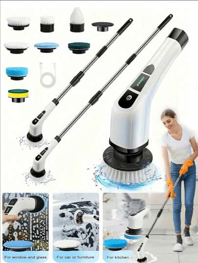 9-In-1 Electric Cleaning Brush Set With Wireless Rotating Floor Cleaner, Includes 7/9 Interchangeable Brush Heads And Adjustable Extension Handle, Provides 360-Degree Wireless Cleaning For Bathroom, Bathtub, Tile And Floor, Comes With USB-C Charging Cable
