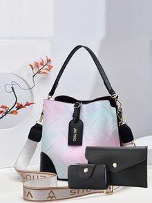 3pcs Women Bag Set, Including Ombre Bucket Bag, Letter Print Crossbody Bag, Fashion Decor Handbag And Women Wallet - Multicolor - View 9