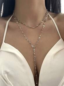 1pc Punk Style Silver Cross & Multi Gemstone Hollow Heart Pendant Y-Necklace, Versatile For Daily, Party, Streetwear