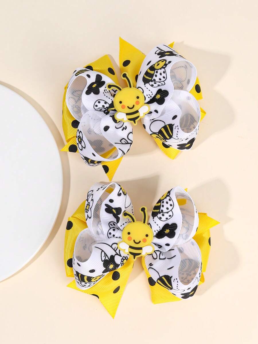 2PCS Girls Bee Bow Hair Clips, Cute Polka-Dot Bow Hairpins, Cute Pink Cow Print Hair Bow,Fashion Flower And Bee Print Hair Bows For Daily And Out, Hair Accessories
