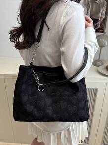 Large-Capacity Women's Casual Tote Bag With Heart Charm, Elegant For School, Shopping