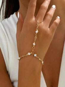 1pc Women Summer Elegant Minimalist Faux Pearl Finger Ring & Bracelet, Suitable For Everyday Wear, Party, Beach Resort