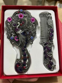 Exquisite Small Relief Antique Peacock Open Screen Handheld Mirror & Portable Creative Sense Comb, Gift Box With Greeting Gifts And Birthday Gifts,The Color Of The Gemstones Inlaid In The Product Is Random,Women Valentine Gift Birthday Boyfriend Girlfriend