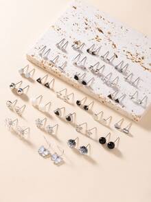 30 对套装时尚可爱简约黑色金属心形和蝴蝶仿珍珠耳环，珠宝礼品套装适合日常佩戴 - 銀色 - 查看 2