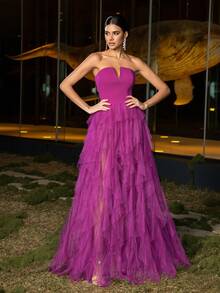 高衩網紗覆蓋抹胸連衣裙 - 紫色 - 查看 3