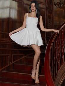 PARTHEA 露背花卉刺绣贴花紧身吊带褶皱迷你连衣裙 - 白色 - 查看 7