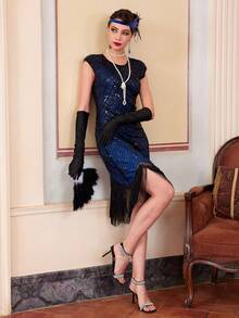 1pc Women's 1920s Retro Sequin Round Neck Puff Sleeve Tassel Hem Slim Fit Party Dress, For Cocktail - Blue - View 7