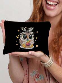 Cute Owl Who Loves Ice Cream Letter Cartoon Printed Cosmetic Bag, Cosmetic Bag, Print Cosmetic Bag, Makeup Bag, Gift For Girls, Cute Retro Simple Fashion Letter Pattern Printed Bag Storage Bag, Cosmetic Pouch For Small Items Storage, Storage Bag Suitable For Personal Travel Cosmetics Storage, For Holiday Beach, Bathroom Collection, Bedroom Collection, Large Capacity