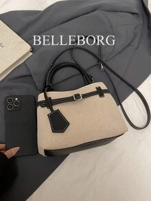 BELLEBORG 高級休閒拼色通勤復古帆布扣環百搭女款手提包小方包 - 黑色 - 查看 10