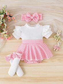 女婴可爱舒适短袖拼接连体衣+腿套+发带套装，轻薄夏季款 - 粉色 - 查看 1