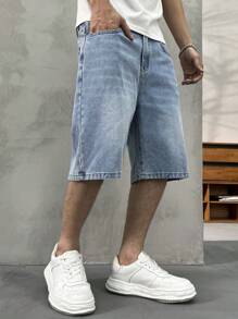 HEHCN Men's Front Button Pocket Casual Denim Shorts, Vintage Washed Blue Retro American Streetwear Bermuda Jeans, Suitable Gift For Boyfriend, Husband