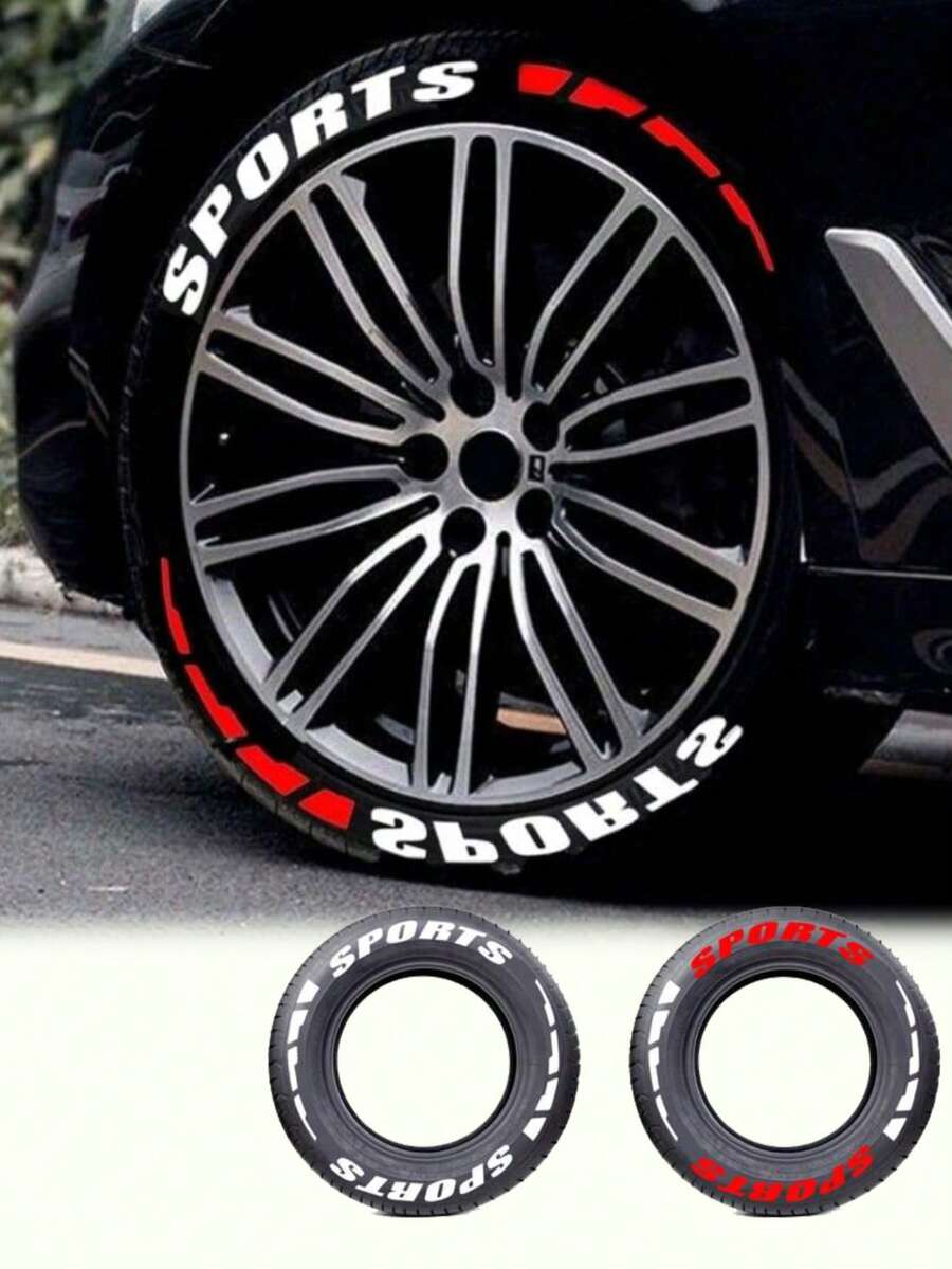 4PCS/8PCS Belly Baby Pig Racing Car Tyre Letter Sticker Decoration, Enhance Tyre Mobility, Geometric Rubber Car Tire Letter Stickers,White 'SPORTS' With Red Sequences, DIY Sports Car Tire Stickers, PE Material PVC Rubber Decals
