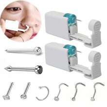 2 pezzi Kit di perforazione nasale monouso con piercing nasali incorporati - Kit di autoperforazione nasale con 6 pezzi di anelli per piercing al naso