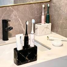1 Piece Ceramic Gold Marble Toothbrush Holder 3-Hole Freestanding Storage Rack For Bathroom Countertops, Multi-Function Toothbrush And Toothpaste Storage Rack, Durable And Elegant Home Decor Accessory, Stylish Bathroom Supplies - Multicolor - View 6