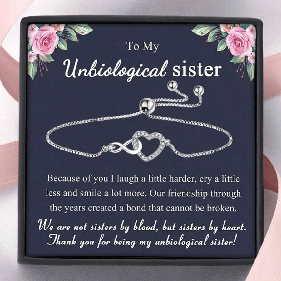1pc To My Unbiological Sister Infinity Symbol Heart Bracelet, Adjustable Bracelet, Friendship Bracelet, Birthday Gift, Christmas Gift - Silver - View 1