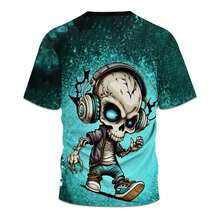 大码男士骷髅头戴耳机图案短袖 T 恤，透气时尚 - 彩色 - 查看 3