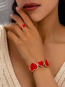 两件套时尚珐琅金属心形手链和戒指套装，适合女士日常和节日装扮，礼品 - 愛心 - 查看 11