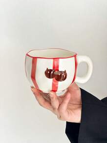 1pc Handpainted Asymmetrical & Asymmetric Ceramic Mug, High-Aesthetic Line Art Devil & Bear Style, Large Capacity Drink Cup For Home, Breakfast, Milk, Coffee, Graduation, Birthday, Holiday Gift For Girlfriend/Boyfriend