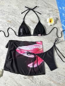 Bộ bikini 3 món in họa tiết hoa ombre dành cho nữ, áo bikini điều chỉnh được, quần bikini buộc dây bên hông và váy che phủ cao, thích hợp cho bãi biển và các bữa tiệc, kỳ nghỉ hè, màu đen. - màu đen - Xem 4