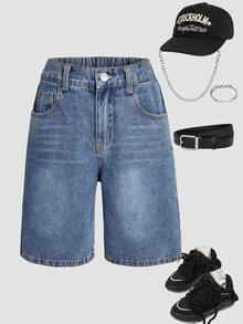 Quần short denim bạc màu dáng thường ngày cho bé trai tuổi teen, mùa hè. - Rửa trung bình - Xem 4
