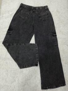 Calça jeans feminina cargo de wide leg de cintura alta  plus size com mamorizada grafite