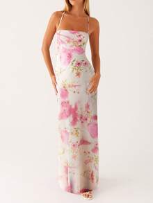Women Spaghetti Strap Floral Print Maxi Dress Sleeveless Backless Cami Long Dress Summer Cross Tie-Up Party Dresses - Màu be - Xem 1