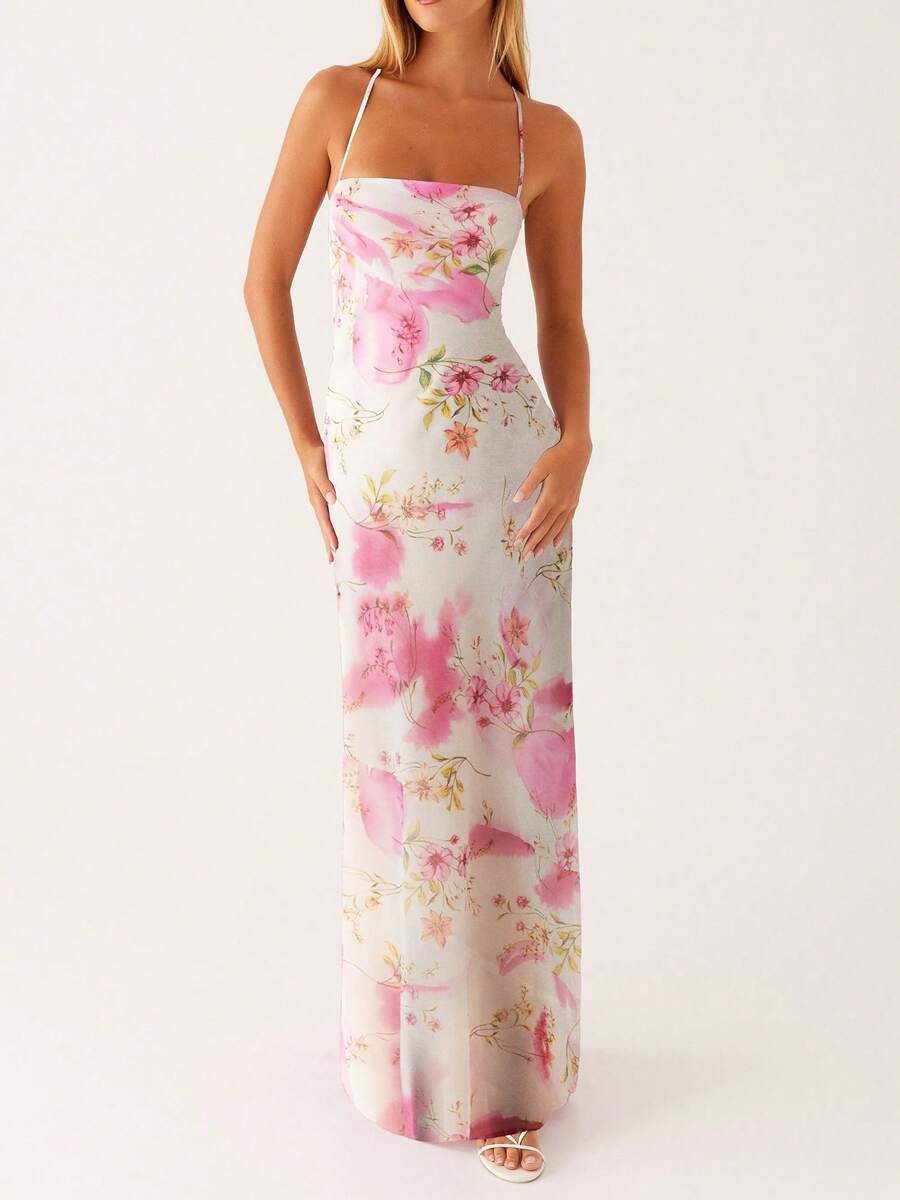 Women Spaghetti Strap Floral Print Maxi Dress Sleeveless Backless Cami Long Dress Summer Cross Tie-Up Party Dresses - Màu be - Xem 1