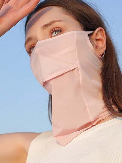 AD 1個粉色夏季女性帶帽邊防曬口罩,戶外防曬透氣薄冰絲面料