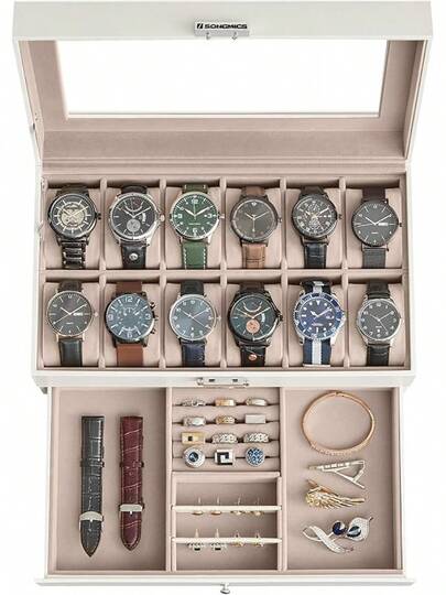 SONGMICS Watch Box, 12-Slot Watch Organizer With Large Glass Lid, 2 Layers, Removable Pillows, Metal Lock, Loved Ones, Black Synthetic Leather, Gray UJWB012
