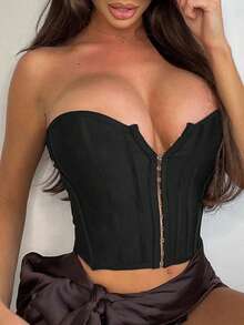 Apperloth A Top corset con abertura delantera con ojales y espalda descubierta, top crop sexy punk para festival de música, negro, talla grande, verano - Negro - Ver 2