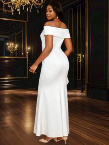 Vestido blanco elegante largo con hombros descubiertos, volantes y abertura para dama de honor, boda, fiesta nupcial, graduación, novia