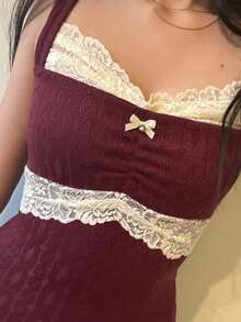 Women's Y2K Fairy Grunge Lace Trim Cami Tank Tops Knit Vintage Wide Strap Bow Decor Slim Fit Camisole Crop Tops Sexy Backless Vests Shirts Teen Girls Aesthetic Clothes Summer Going Out Top - 酒紅色 - 查看 5