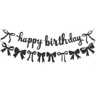 1set Bow Birthday Party Decorations Black Bow Birthday Decorations Glitter Happy Birthday Banner Bow Garland Bow Black Bows Decor For Women Shower Bow Theme Party Banner