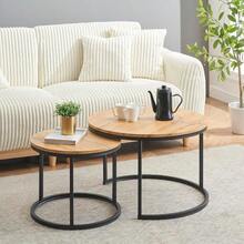 Soayone Couchtisch 2er Set Moderne Couchtische mit Schwarz Metalestell Couchtisch Eiche Couchtisch Rund Schwarz Living Room Table Kaffeetisch Wohnzimmertisch Holz 70x70x45 and 50x50x35 cm - Eichenarbe&Schwarzer1 - Übersicht 2