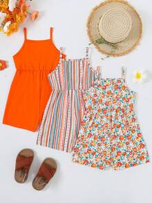 3pcs/Set Young Girls Floral Print Polka Dot & Stripe Camisole Jumpsuit Set - Multicolor - View 3