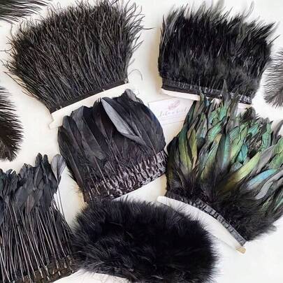 1 Meter Black Ostrich, Goose, Turkey Feather Trim With Tassels, Suitable For DIY Clothing Sewing, Crafts Decoration