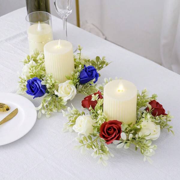 1 peça porta-velas com coroa de rosas artificiais, decoração de coroa de velas com aromaterapia para casa, casamento, festa, mesa de feriado, apenas coroa (sem vela incluída)