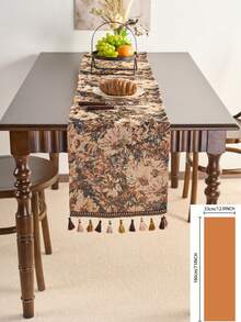 1 件复古美式农舍风格桌旗，咖啡色花卉提花带流苏，厨房/餐厅装饰，节日派对生日餐桌装饰，适合所有季节