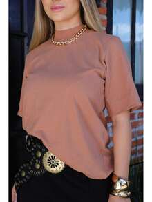 Cotton T-Shirts Turtleneck Zaara Inspiration Plain Casual Casual T-Shirt Women's Blouse 100% Cotton T-Shirt Basic Fashion Tee - 摩卡慕斯 - 查看 1