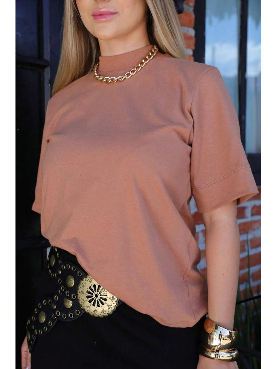 Cotton T-Shirts Turtleneck Zaara Inspiration Plain Casual Casual T-Shirt Women's Blouse 100% Cotton T-Shirt Basic Fashion Tee - 摩卡慕斯 - 查看 1