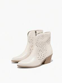 Women's Western Boots Hollow Breathable Autumn Sexy Cowgirl Ankle Boots Side Zipper Casual Boots, Black - Apricot - View 5