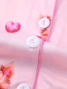 Conjunto de pijama de 2 piezas para niña, con cárdigan de manga corta para verano y pantalón corto con estampado adorable de perrito con forma de corazón, ropa de estar en casa ligera
